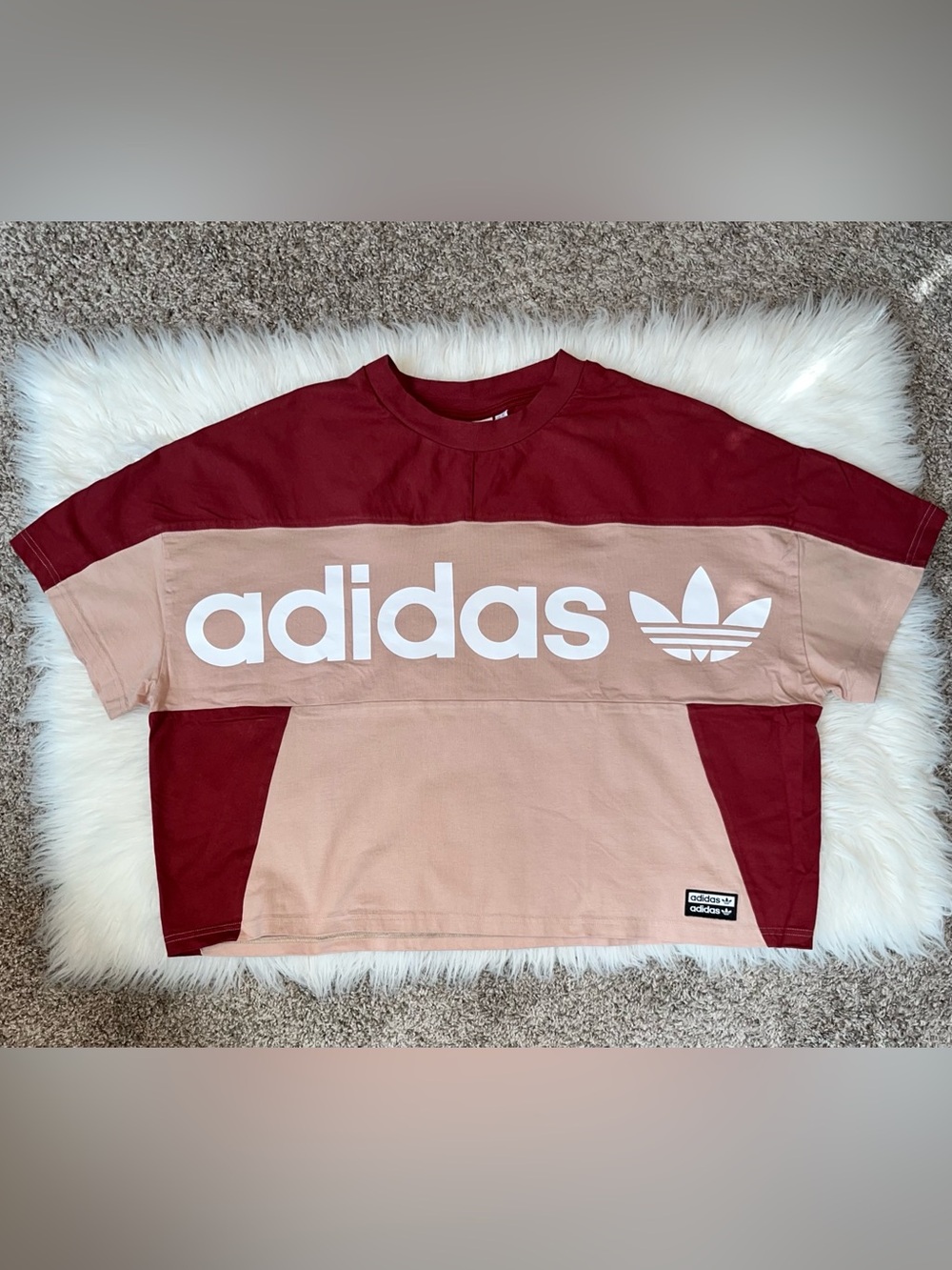 adidas Burgundy and Beige Colorblock Trefoil Logo Tee
